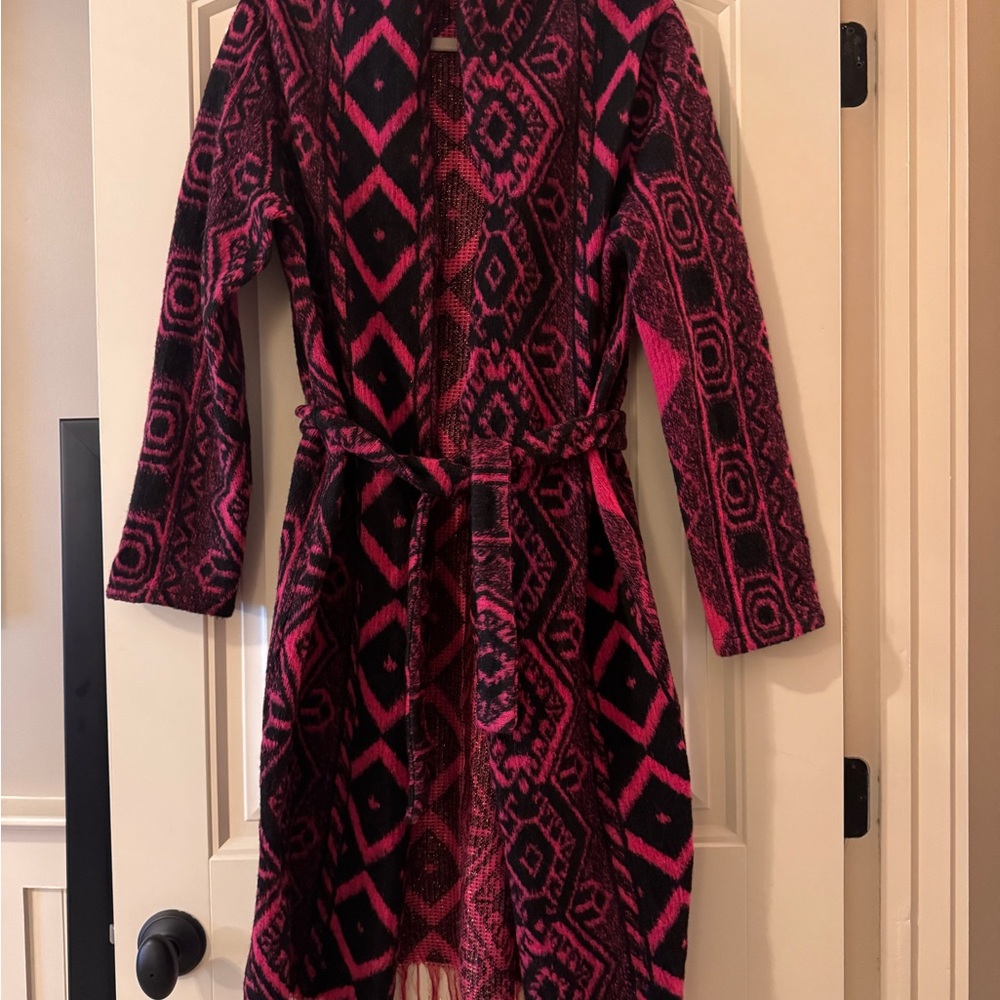 Anthropologie Holiday Hot Pink & Black Wool Sweater with Shimmer Accents Size M